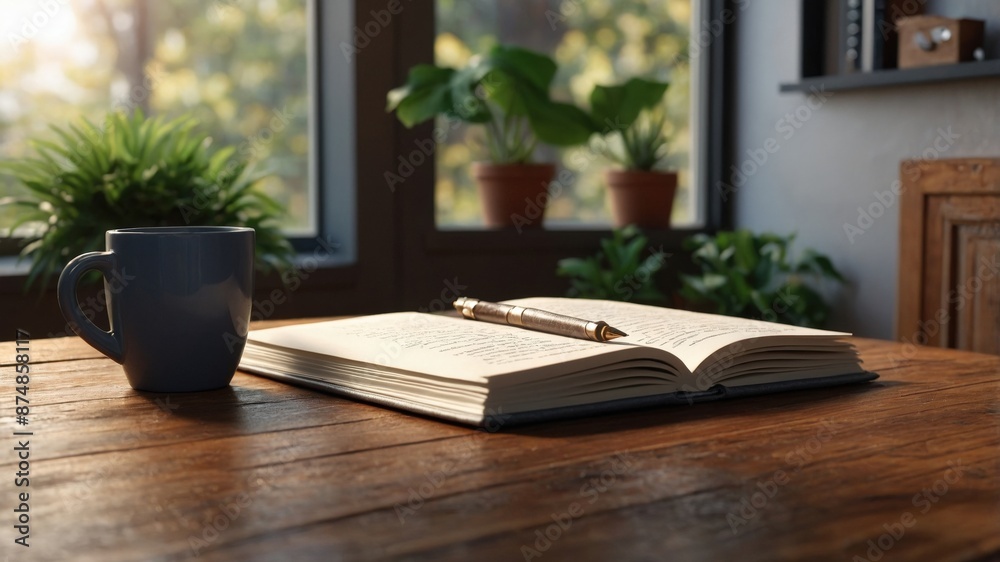 A cozy workspace featuring an open book, a coffee mug, and potted plants by a window, creating a serene and inviting atmosphere.
A cozy workspace featuring an open book, a coffee mug, and potted plants by a window, creating a serene and inviting atmosphere.