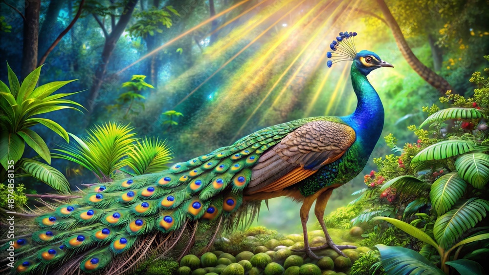 Vibrant, highly detailed, AI-generated image of a stunning, realistic peacock bird, showcasing its majestic plumage in a lush, green environment.