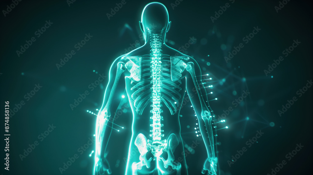 Dynamic X-ray View of Human Body in Holographic Style with Glowing Outlines and Pulsing Highlights on Spine and Major Organs, Smooth Pan from Head to Toe Dynamic X-ray View of Human Body in Holographic Style with Glowing Outlines and Pulsing Highlights on Spine and Major Organs, Smooth Pan from Head to Toe