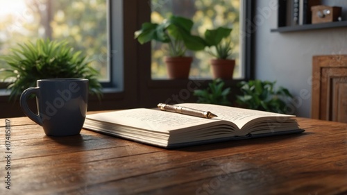 A cozy workspace featuring an open book, a coffee mug, and potted plants by a window, creating a serene and inviting atmosphere. 