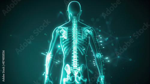 Dynamic X-ray View of Human Body in Holographic Style with Glowing Outlines and Pulsing Highlights on Spine and Major Organs, Smooth Pan from Head to Toe © Kanchanit