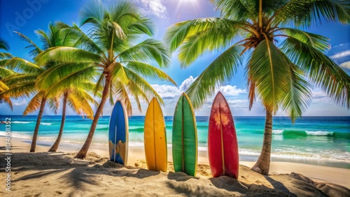Fototapeta Naklejka Na Ścianę i Meble -  Vibrant colorful surfboards leaning against a palm tree on a sun-kissed sandy beach with crystal-clear turquoise ocean in background.