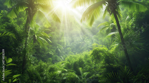 Tropical forest with sunbeams.