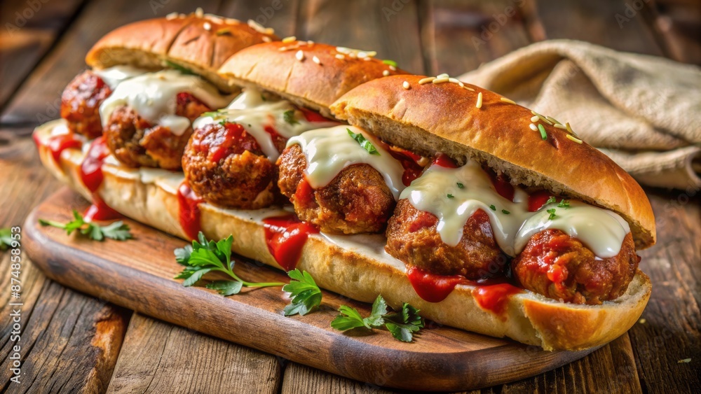 Juicy meatballs smothered in marinara sauce and melted mozzarella cheese piled high on a crusty sub roll on wooden board. Juicy meatballs smothered in marinara sauce and melted mozzarella cheese piled high on a crusty sub roll on wooden board.
