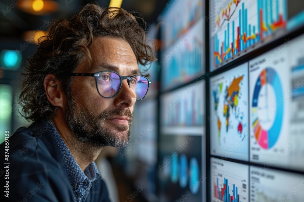 Focused Businessman Analyzing Financial Data on Computer Screens Focused Businessman Analyzing Financial Data on Computer Screens