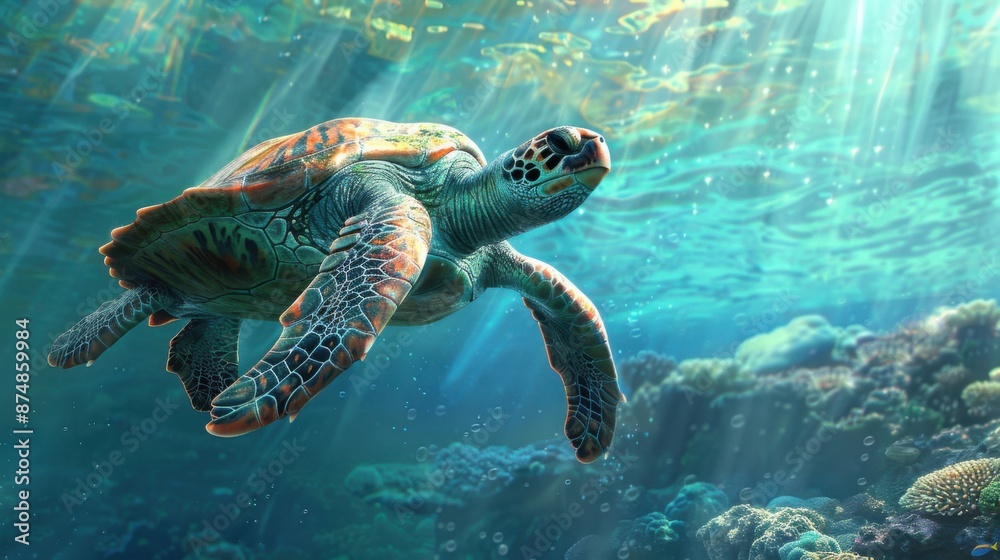 Fototapeta premium Serene Sea Turtle Gliding Through Colorful Coral Reefs Under Sunlit Waters - Marine Wildlife Exploration