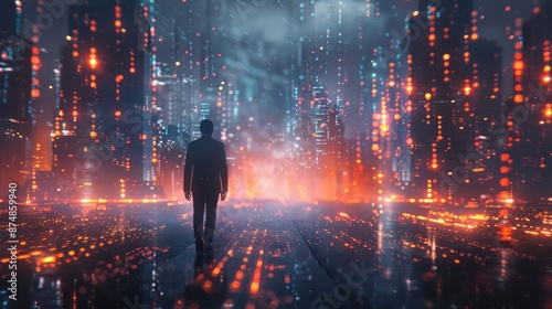 Futuristic Cityscape with Digital Light Particles and Businessman Silhouette photo