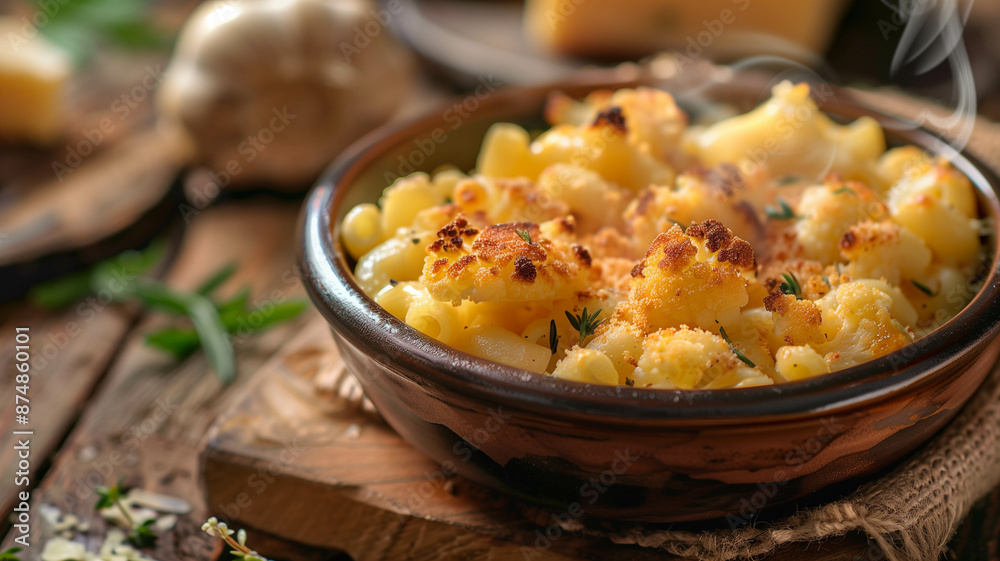 A steaming bowl of macaroni and cheese topped with golden-brown roasted cauliflower on a rustic wooden table A steaming bowl of macaroni and cheese topped with golden-brown roasted cauliflower on a rustic wooden table