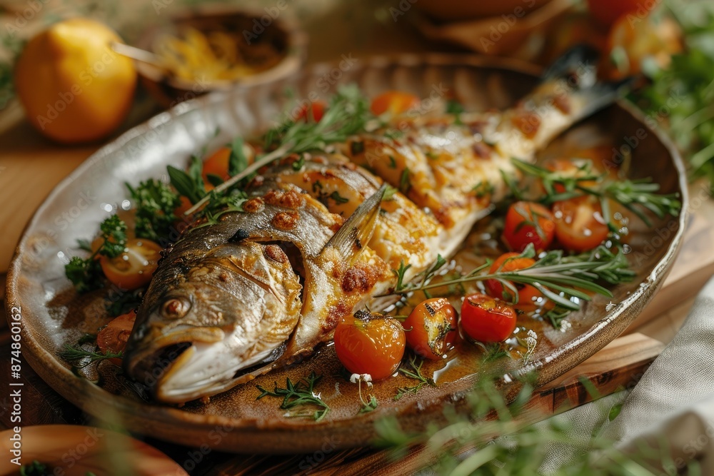 Grilled Fish with Cherry Tomatoes and Fresh Herbs on Rustic Plate Grilled Fish with Cherry Tomatoes and Fresh Herbs on Rustic Plate