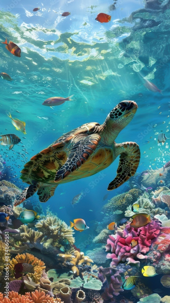 Obraz premium Tranquil Sea Turtle Swimming Among Vibrant Fish in Clear Water, Captured in Dynamic Motion