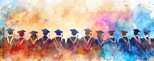 Vibrant watercolor painting of graduates in caps and gowns celebrating commencement. Education, achievement, and success represented artistically.