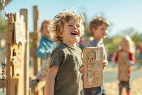 Children using communication boards in a diverse playground, accessibility playground, expressive play
