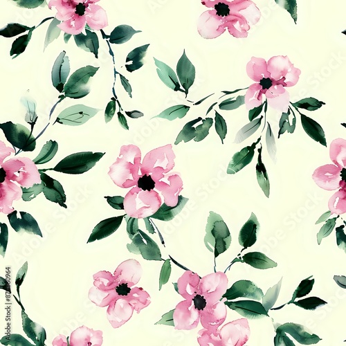 Pink and Green Watercolor Floral Repeat Print