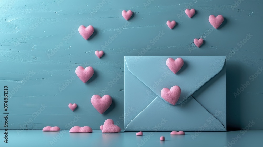 Fototapeta premium Romantic Love Letter with Pink Hearts on Blue Background - Valentine's Day Concept
