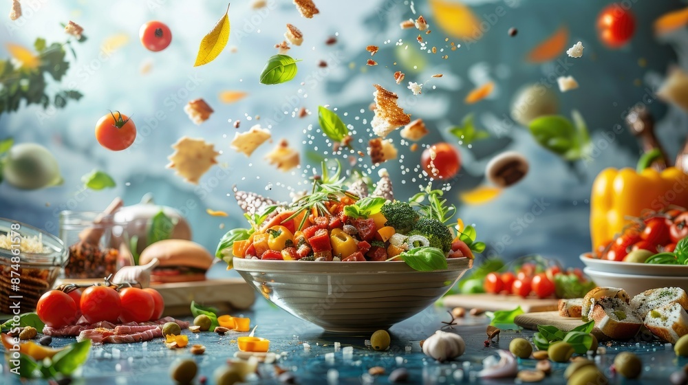 Fresh Vegetable Salad in Bowl with Flying Ingredients and Vibrant Background Fresh Vegetable Salad in Bowl with Flying Ingredients and Vibrant Background