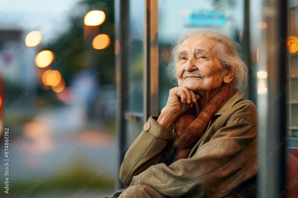 Fototapeta premium An elderly woman gazes thoughtfully while sitting at a bus stop in the evening, with urban lights blurred in the background giving a calm and nostalgic ambiance.