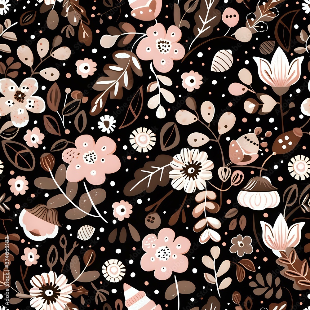 Pink and White Floral Design with Brown Acorns and Black and White Leaves Pink and White Floral Design with Brown Acorns and Black and White Leaves