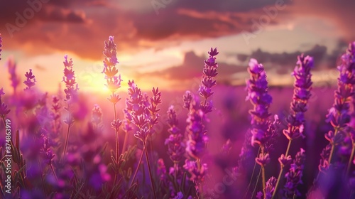 Close-Up Lavender Flowers In A Beautiful Field At Sunset Exuded Tranquility