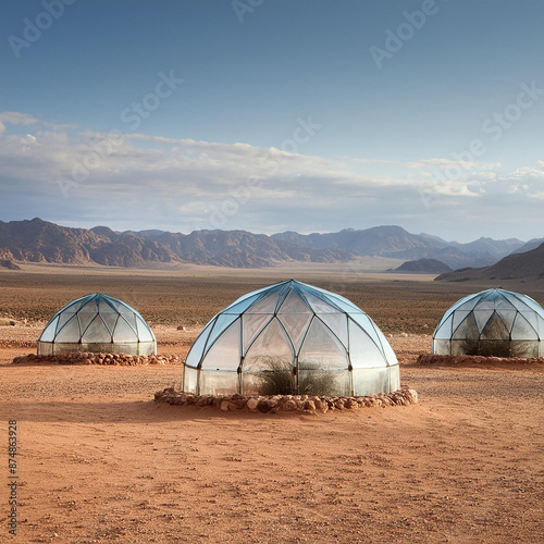Plants under a transparent domes in deserted area. Environment, agriculture, technology.