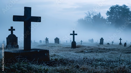 Eerie cemetery shrouded in mist at dawn photo