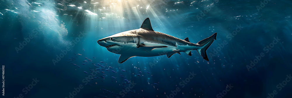 killer shark swimming underwater under sea life with bubbles and sunbeams in blue deep water, sealife wide banner poster with copyspace killer shark swimming underwater under sea life with bubbles and sunbeams in blue deep water, sealife wide banner poster with copyspace