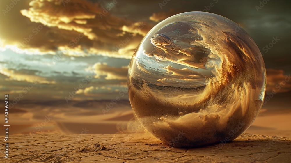 close-up view of a glassy sphere showcasing a detailed and dramatic desert storm inside. The sphere should magnify the fine particles of sand and the dynamic close-up view of a glassy sphere showcasing a detailed and dramatic desert storm inside. The sphere should magnify the fine particles of sand and the dynamic