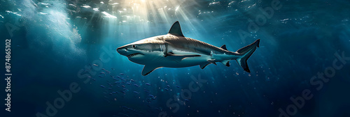 Wallpaper Mural killer shark swimming underwater under sea life with bubbles and sunbeams in blue deep water, sealife wide banner poster with copyspace Torontodigital.ca