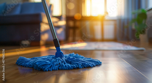 floor cleaning with mop on wooden parquet