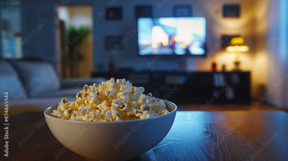 A closeup of a bowl of popcorn on a wooden table, dimly lit living room, TV in the background, evening ambiance, realistic A closeup of a bowl of popcorn on a wooden table, dimly lit living room, TV in the background, evening ambiance, realistic