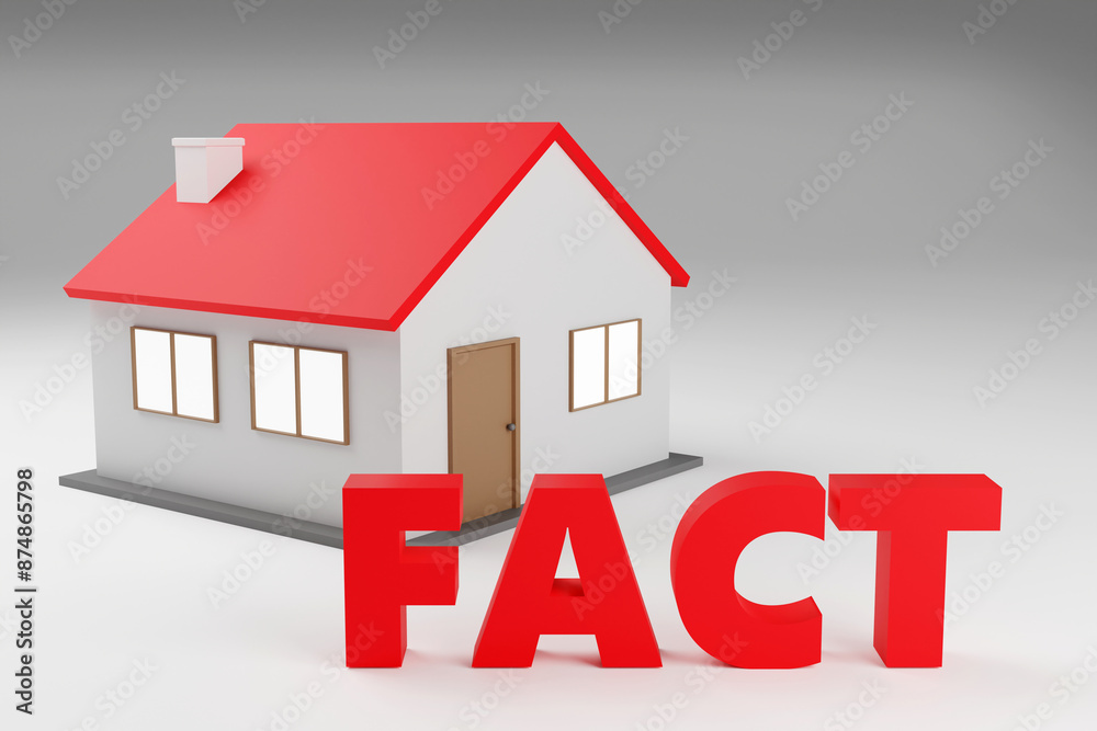3d fact standing near tiny house on grey background, 3d render, sign 3d fact standing near tiny house on grey background, 3d render, sign