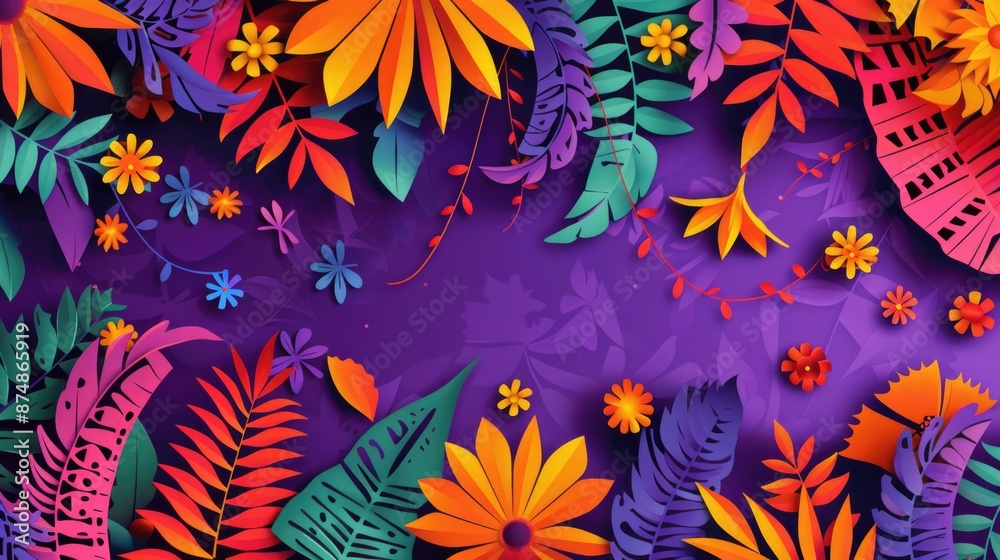 Colorful Paper Cut Flowers and Leaves Colorful Paper Cut Flowers and Leaves