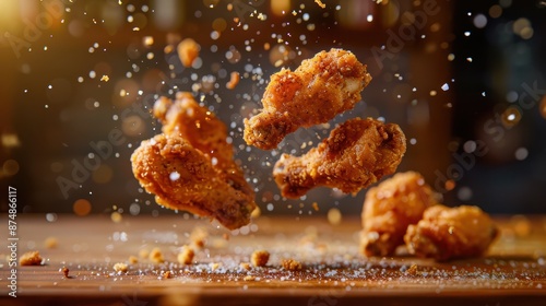 Crispy fried chicken wings floating amidst flavorful sparks