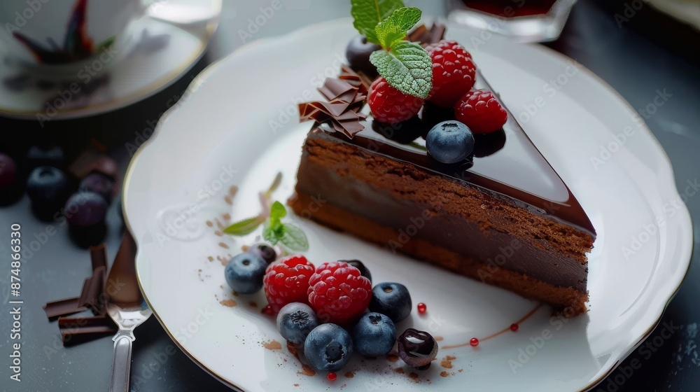 Decadent chocolate cake slice with berries on plate Decadent chocolate cake slice with berries on plate