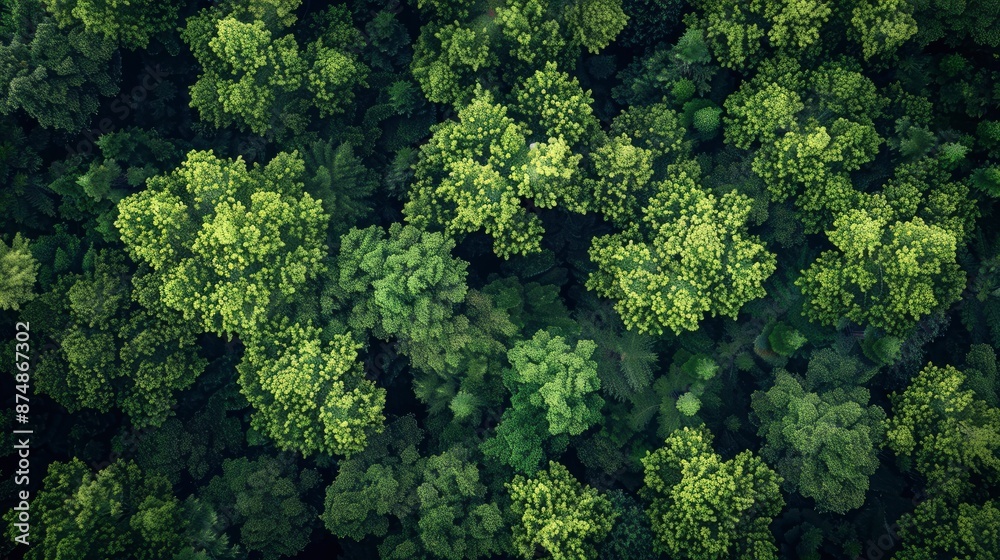 Naklejka premium Aerial Top View Of Green Trees In A Forest, Highlighting The Role Of Dense Green Trees In Capturing Co2