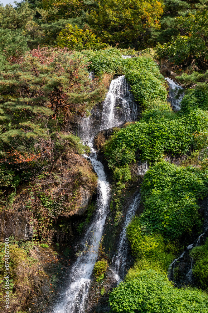 Naklejka premium Close-up of waterfall with autumn foliage