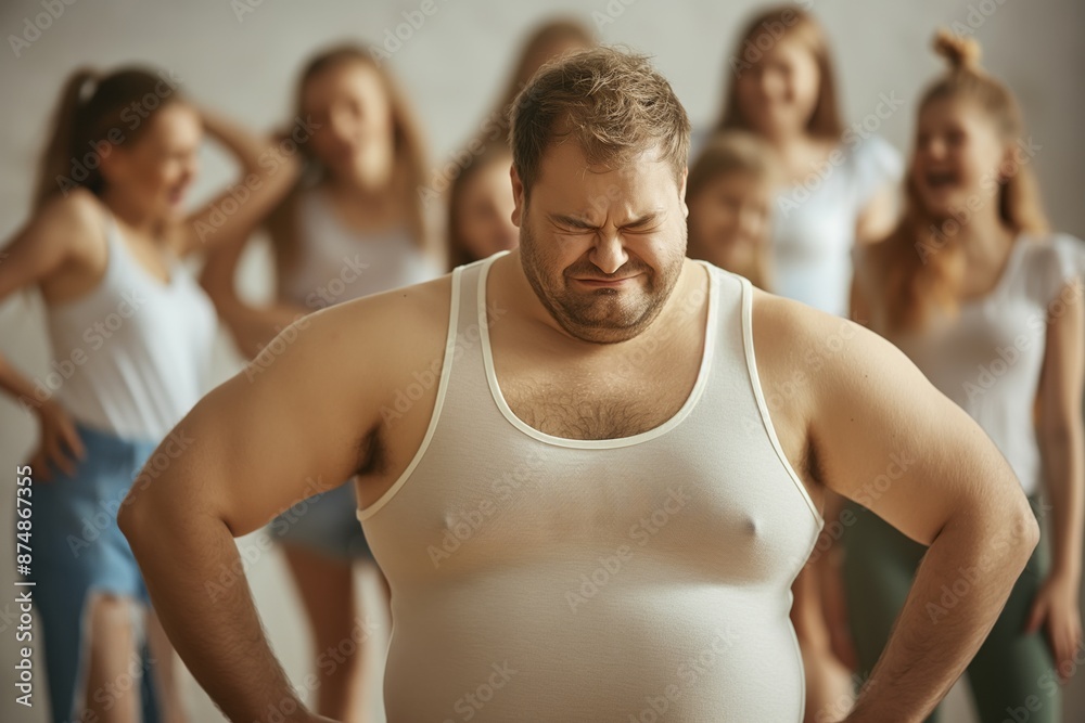 A confident man in a white tank top stands in the foreground, with a group of women in white tops and denim in the background, posing in a well-lit setting. A confident man in a white tank top stands in the foreground, with a group of women in white tops and denim in the background, posing in a well-lit setting.