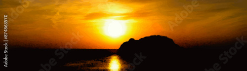 Golden sun setting over the ocean and silhouettes of islands (Retouched and color manipulated image)