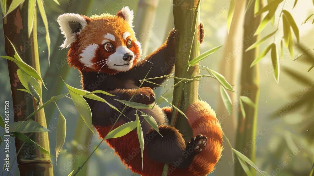 Fototapeta premium A cartoon red panda climbing a bamboo tree, representing China.