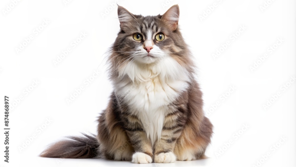 Beautiful, fluffy, grey and white, adult feline sit solemnly, ear perked up, whiskers twitching, on a transparent background. Beautiful, fluffy, grey and white, adult feline sit solemnly, ear perked up, whiskers twitching, on a transparent background.