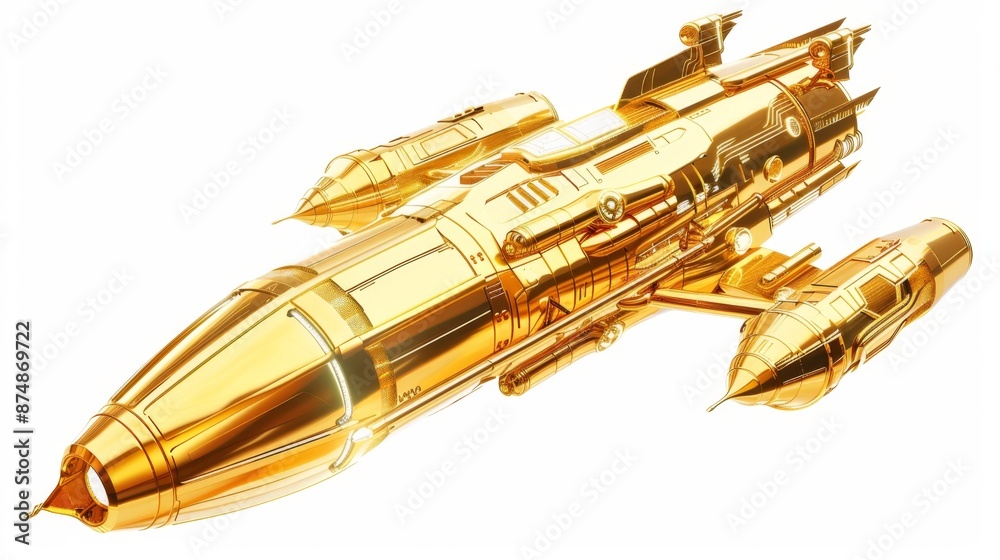Naklejka premium Futuristic Gold Spaceship Clipart with Detailed Shiny Design Isolated on White Background for Sci-Fi Concepts