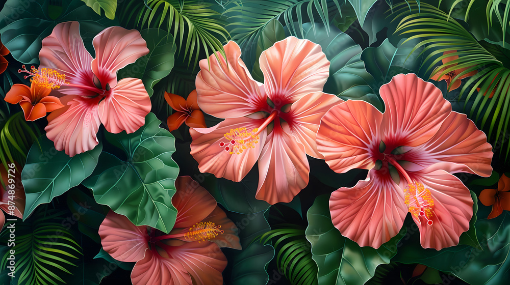 Fototapeta premium Realistic hibiscus flowers, vivid colors