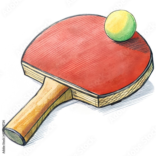 A ping pong paddle with a ball on top of it, placed on a table