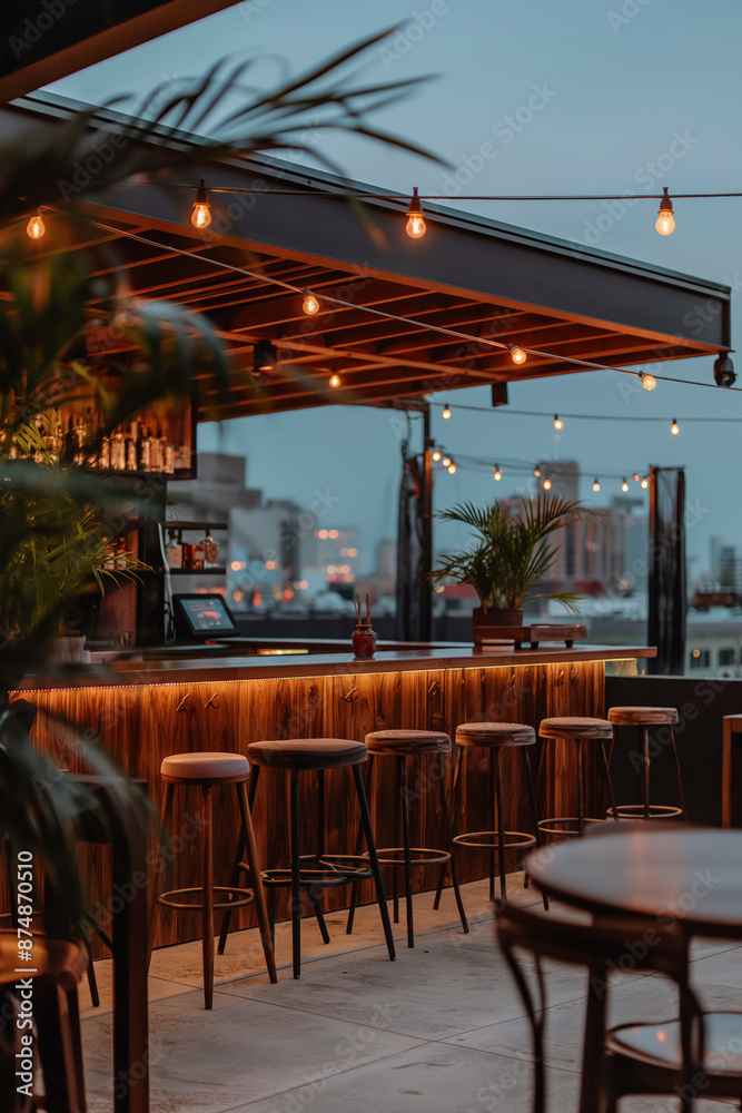 Fototapeta premium Rooftop bar offering stunning city views at dusk