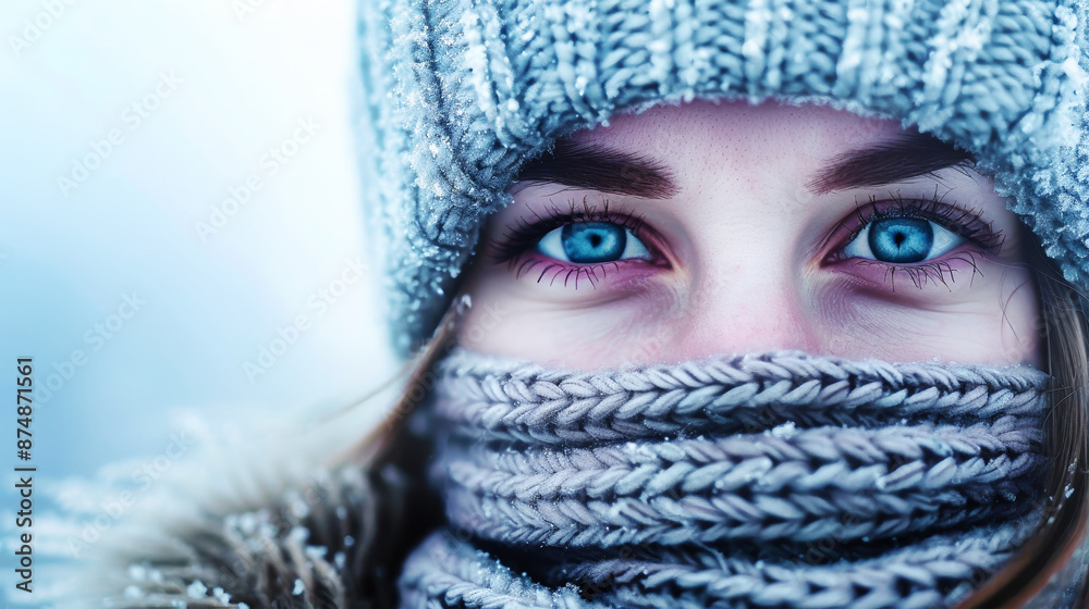 A womans blue eyes gaze out from behind a knitted scarf and hat, partially hidden from view. The cold winter air is evident in the frosty details of the image A womans blue eyes gaze out from behind a knitted scarf and hat, partially hidden from view. The cold winter air is evident in the frosty details of the image