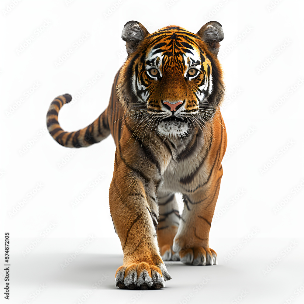 Obraz premium A tiger walking gracefully on a white background.