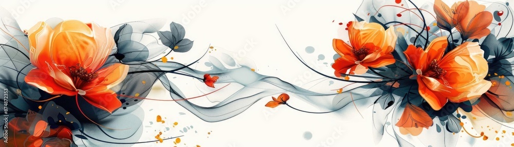 Fototapeta premium Modern vine flowers with dynamic, abstract forms and bright colors, set against a clean white background for a stylish fabric design