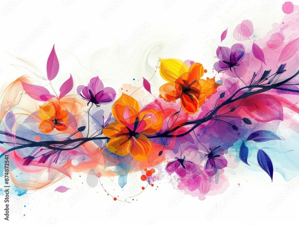 Obraz premium Modern vine flowers with abstract shapes and bright hues, set against a pristine white background for a fresh look