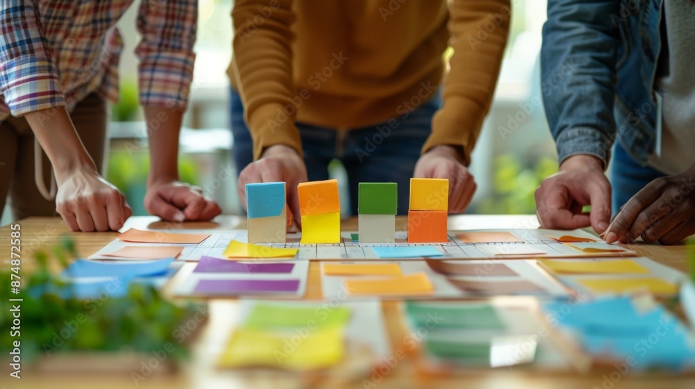 Fototapeta premium A team collaborating with colorful sticky notes on a table.