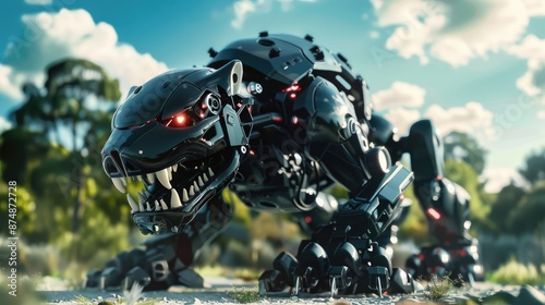 A Tasmanian devil robot with fierce cyber teeth, symbolizing Tasmania, in a futuristic landscape.