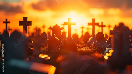 Tombstones in a cemetery at sunset photo